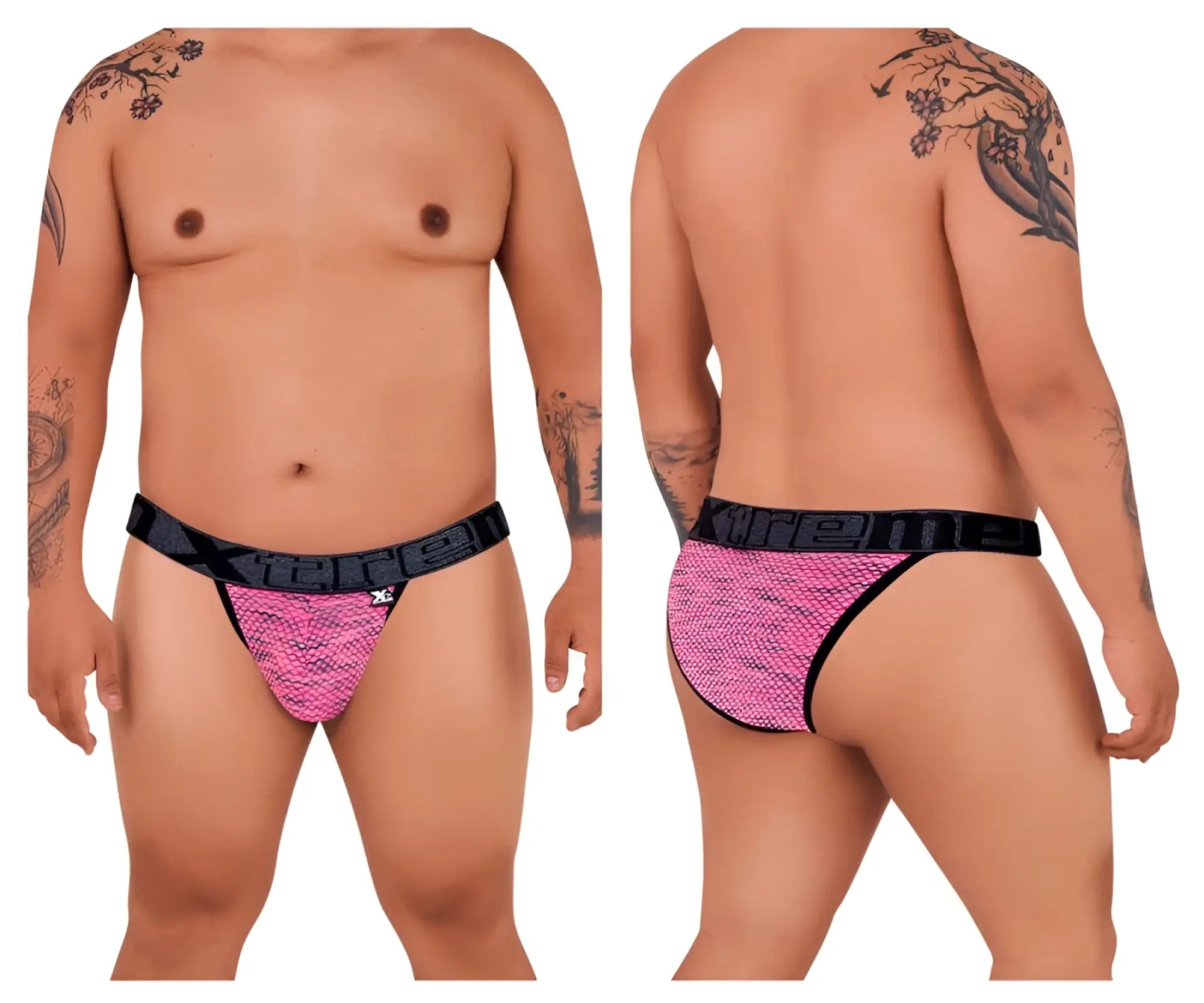 Pink and black patterned mens briefs with textured weave design in xtremen 91098x microfiber mesh bikini style