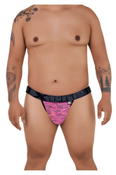 Pink and black patterned thong with textured scale-like design made of microfiber mesh from xtremen 91098x collection