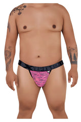 Pink and black patterned thong with textured scale-like design made of microfiber mesh from xtremen 91098x collection