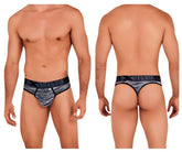 Xtremen 91100 microfiber mesh thongs in black with black and gray textured athletic patterned men’s briefs design