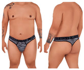 Gray and black patterned men’s thong with creme men branded waistband made of microfiber mesh in black color