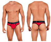 Red xtremen 91101 microfiber briefs with black trim and branded waistband front view