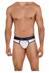 White xtremen 91101 microfiber thongs with a black elastic waistband featuring the men x12 logo in gray