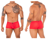 Red sheer mesh briefs with a black logo waistband from xtremen 91127 mesh trunks color red