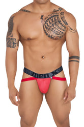Xtremen 91128 red and black men’s briefs with textured front panel and snake print jockstrap design