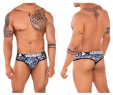 Blue and black camouflage patterned men’s briefs with white xtreme logo band from xtremen 91131 printed thongs