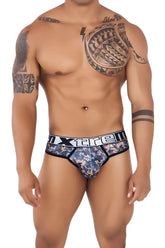 Blue and orange camouflage printed briefs with black trim and white xtreme branding on the waistband
