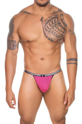 Vibrant pink textured Xtremen 91144 mesh g-string briefs with a glittery silver waistband for stylish wear