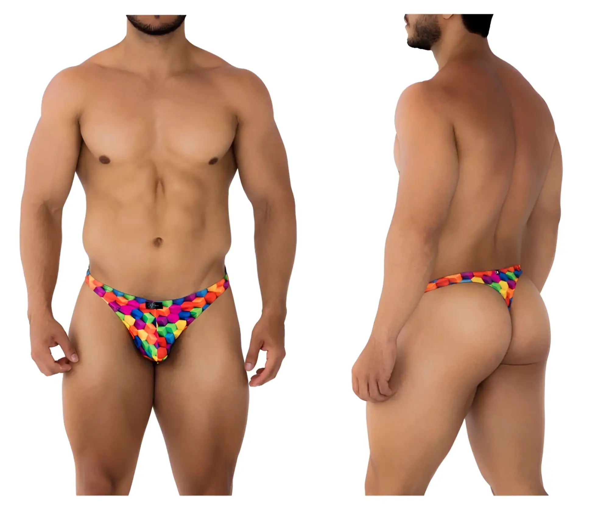 Xtremen 91171 printed thongs color cubes rainbow geometric patterned men’s briefs showing front side