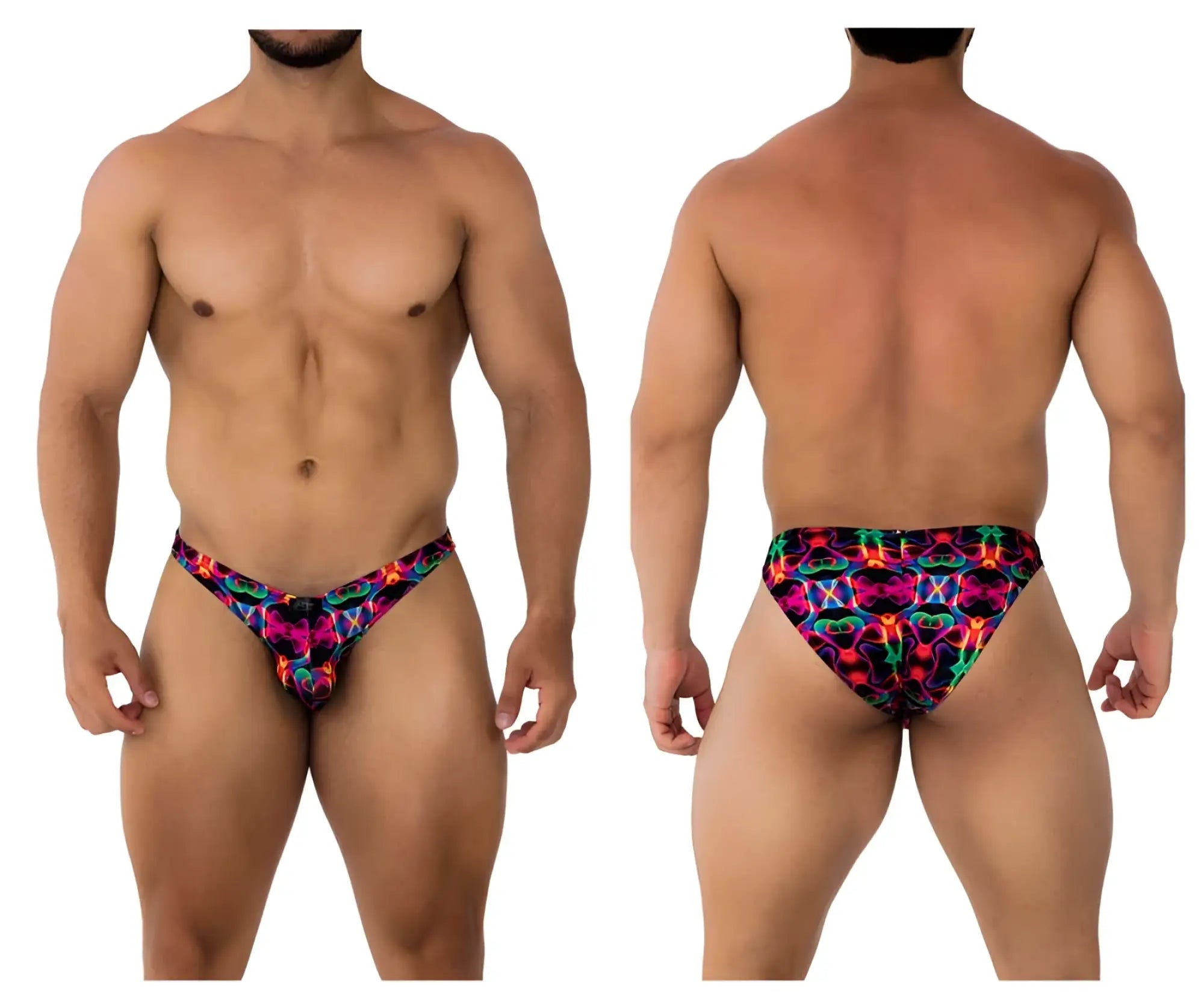 Xtremen 91172 printed bikini color bows vibrant neon-patterned men’s swim trunks with pink blue green and purple hues