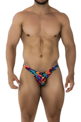 Vibrant multicolored floral-patterned thong in stretchy fabric xtremen 91172 printed bikini color fire back side