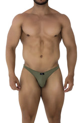 Olive green microfiber athletic briefs with a small black logo on the front from xtremen 91177 bikini collection