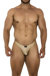 Beige microfiber thong with a small black logo on the front from xtremen 91178 micro thong collection gold color