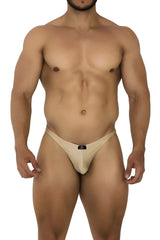 Beige microfiber thong with a small black logo on the front from xtremen 91178 micro thong collection gold color