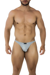 Light gray form-fitting microfiber briefs with smooth fabric and black brand tag at waistband for xtremen 91182