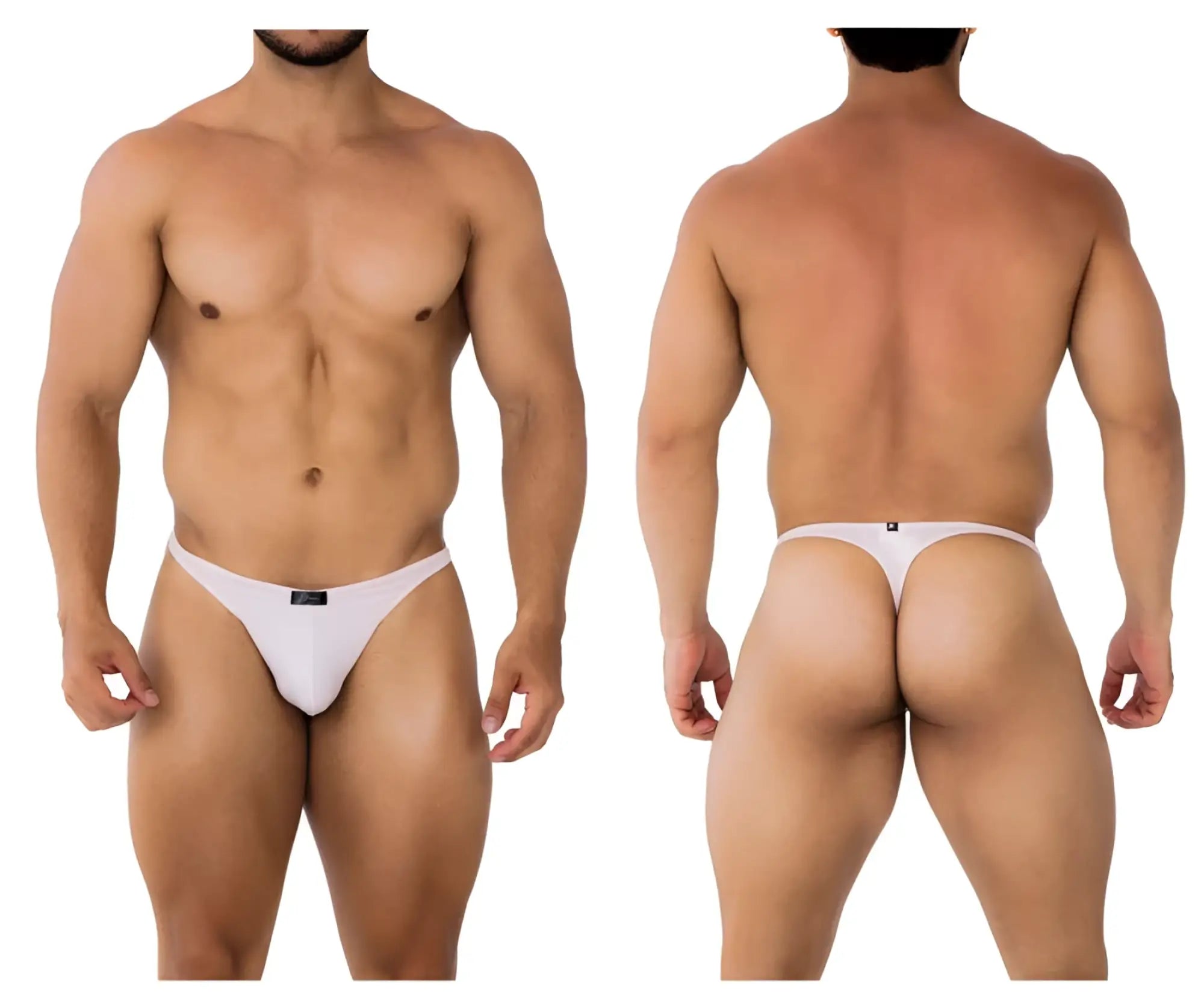 White microfiber thong with a small black brand tag at the front xtremen 91182 in pink color