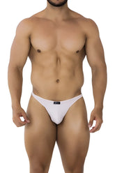White Xtremen 91182 microfiber thong with smooth fabric and a small black brand tag at the waistband shown from the back