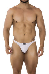 White Xtremen 91182 microfiber thong with smooth fabric and a small black brand tag at the waistband shown from the back