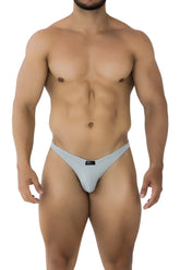 Light gray microfiber thong with a small black brand tag by Xtremen 91183 in a smooth, form-fitting bikini style