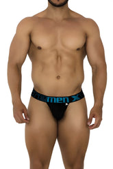 Black xtremen 91184 mesh thong briefs with blue xtrememen logo band showing front side details