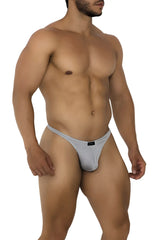 Gray xtremen 91185 mesh thongs with subtle pattern and black brand tag on waistband in breathable fabric