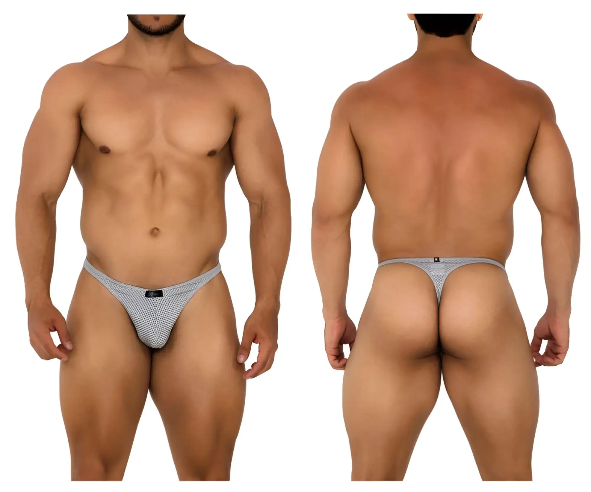 Gray xtremen 91185 mesh thong featuring breathable fabric and a small black brand tag at the front