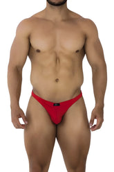 Red Xtremen 91192 jacquard bikini thong made of stretchy fabric with a black brand tag at the waistband back side