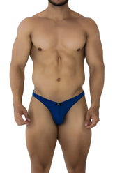 Xtremen 91192 jacquard bikini royal blue men’s thong with small black logo on center waistband