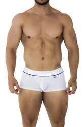 White xtremen 91196 jacquard men’s briefs with blue trim and logo on waistband in stretchy fabric