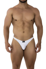 White xtremen 91197 jacquard bikini thong made of smooth fabric with a small black brand tag at the center back