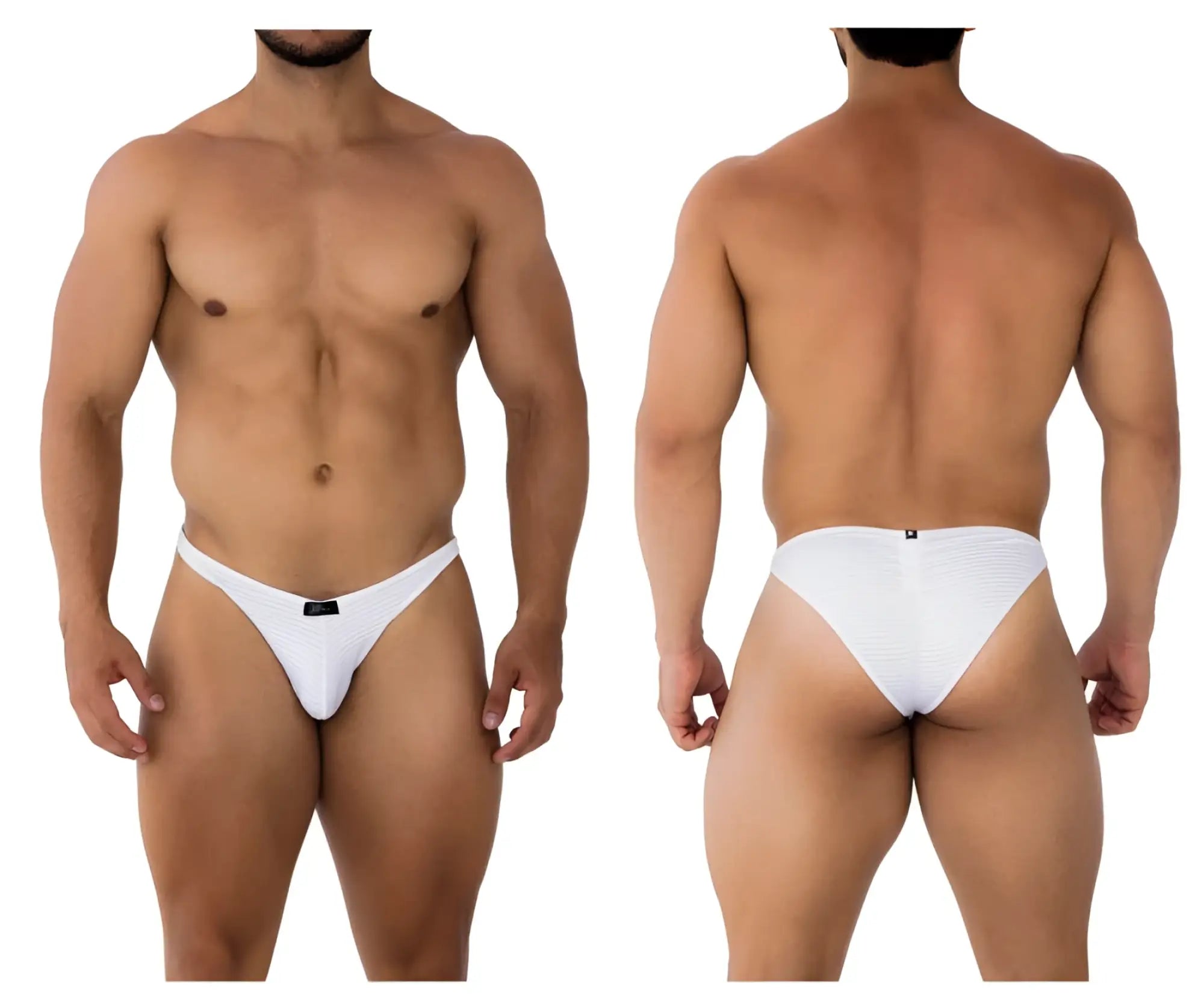 White xtremen 91197 jacquard bikini thong briefs with a seamless design and small black brand tag at the front