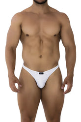 White men’s thong xtremen 91198 jacquard with small black brand tag on center waistband in white color