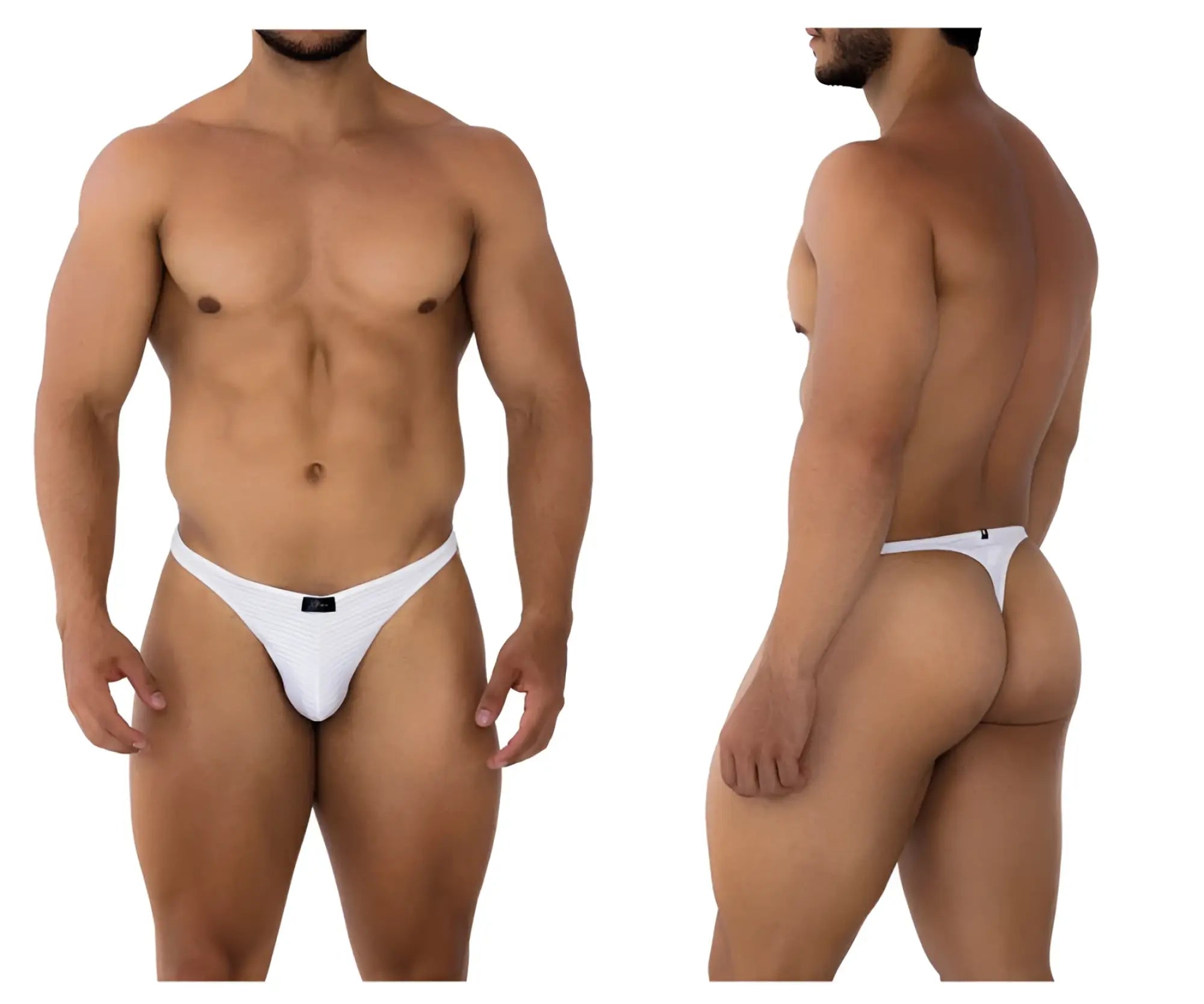 White xtremen 91198 jacquard thong briefs with a small black brand tag at the front