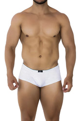 White xtremen 91199 jacquard trunks briefs with black elastic waistband and a small black brand tag