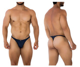 Navy blue Xtremen 91200 jacquard thong with a small logo on the front made of textured fabric