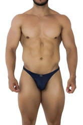 Navy blue xtremen 91201 jacquard bikini brief with a small logo on the front made from jacquard fabric