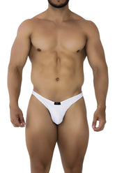 White form-fitting jacquard bikini thong with small black xtremen brand tag at center waistband