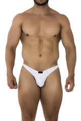 White form-fitting jacquard bikini thong with small black xtremen brand tag at center waistband