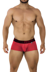 Red men’s microfiber boxer briefs in cherry with a black xtrememen waistband and x-shaped brand emblem