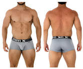 Gray men’s microfiber boxer briefs with black elastic waistband and men xtra logo for comfortable everyday wear