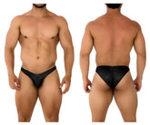 Black shiny latex briefs with subtle ruched back design microfiber bikini xtremen 91204 in black shown from back