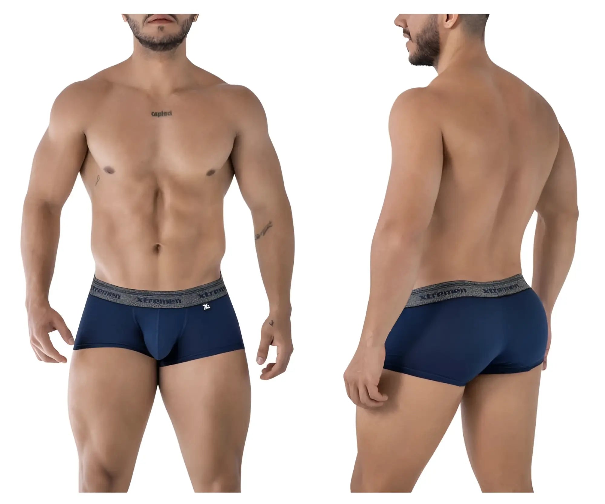 Navy blue xtremen 91205b cotton blend stretch briefs with gray elastic waistband featuring xtremen logo