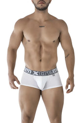 White men’s microfiber briefs with gray elastic waistband featuring men xtreme logo and brand emblem