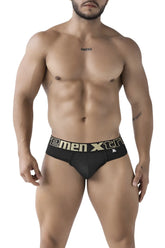 Black xtremen 91208b microfiber thongs with gold and white xtreme logo waistband in front view