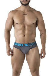 Gray men’s microfiber briefs with blue men xtre waistband and small side logo for comfortable everyday wear
