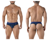 Navy xtremen 91211b microfiber thongs for men with subtle textured fabric and branded waistband visible from the back