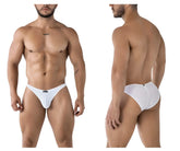 White xtremen 91215b microfiber bikini briefs with subtle mesh pattern and small black brand tag at waistband
