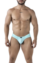 Light blue smooth textured xtremen 91218 microfiber briefs with subtle brand tag at waistband in seawater color
