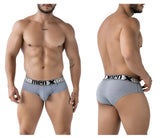 Gray xtremen 91221 microfiber men’s briefs with white elastic waistband and black xtreme men logo
