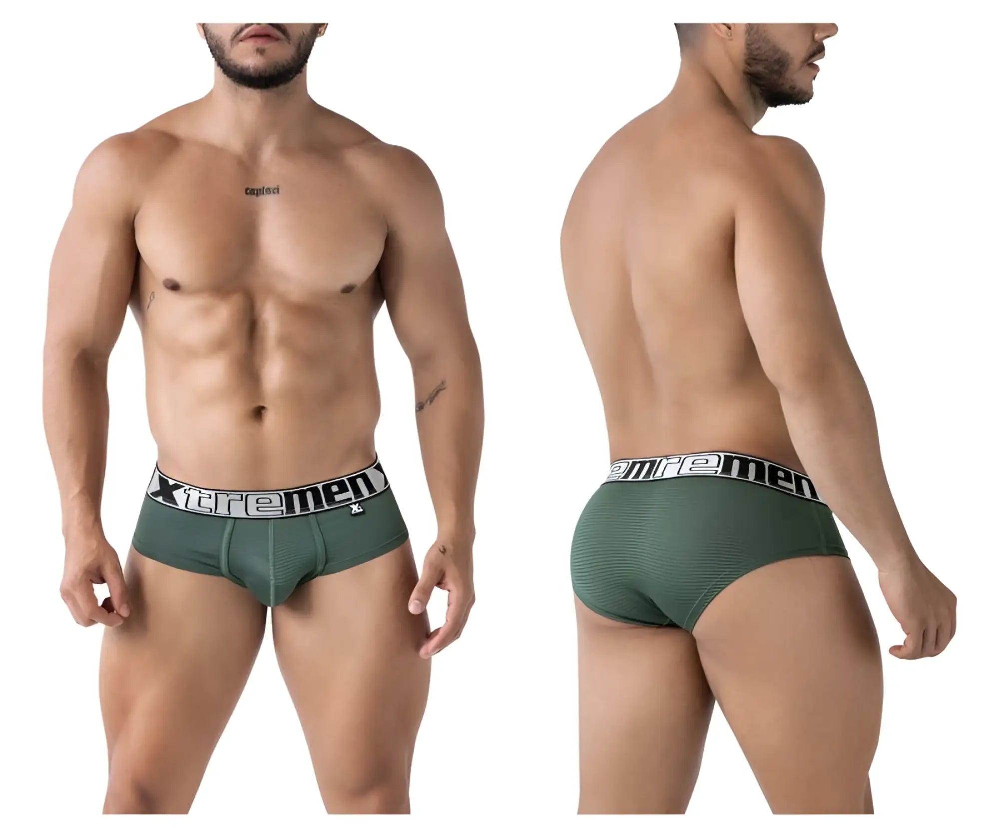 Olive green textured men’s microfiber briefs with black and white xtreme men waistband branding front view